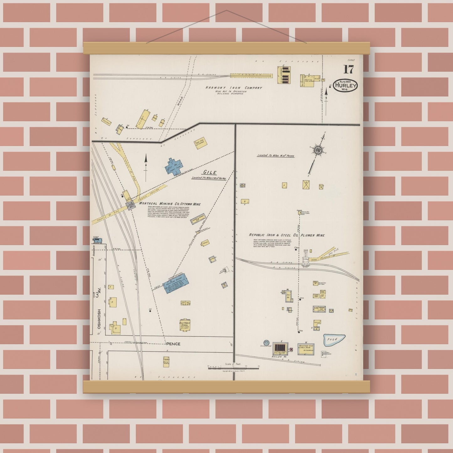 Old map wall art mockup — magnetic wood frame on brick wall — Sanborn Fire Insurance Map from Hurley, Iron County, Wisconsin (1922), Sheet #0017