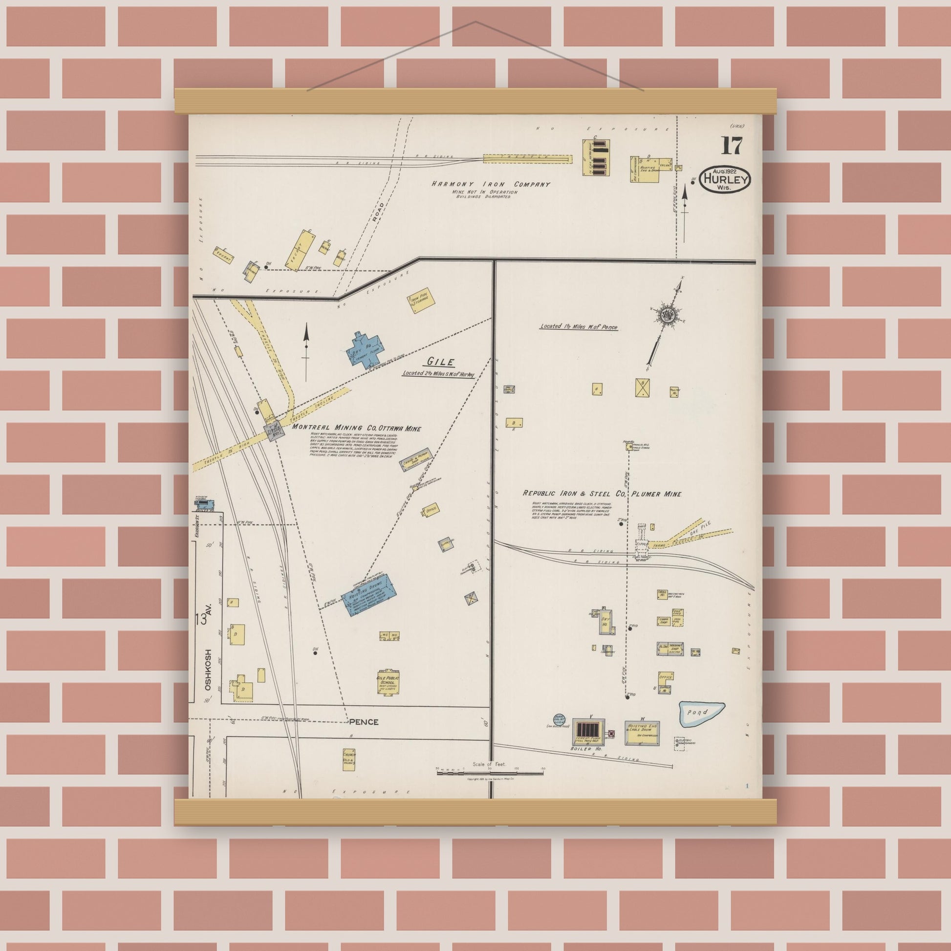 Old map wall art mockup — magnetic wood frame on brick wall — Sanborn Fire Insurance Map from Hurley, Iron County, Wisconsin (1922), Sheet #0017