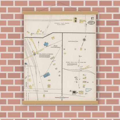 Old map wall art mockup — magnetic wood frame on brick wall — Sanborn Fire Insurance Map from Hurley, Iron County, Wisconsin (1922), Sheet #0017