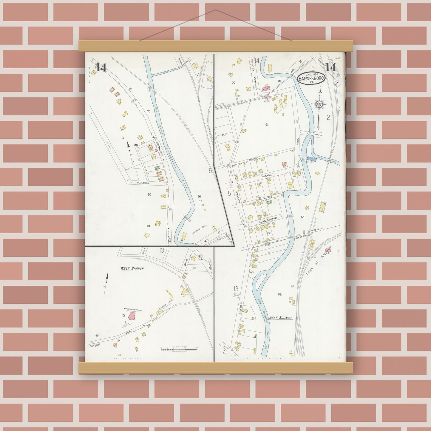Old map wall art mockup — magnetic wood frame on brick wall — Sanborn Fire Insurance Map from Barnesboro, Cambria County, Pennsylvania (1930), Sheet #0014
