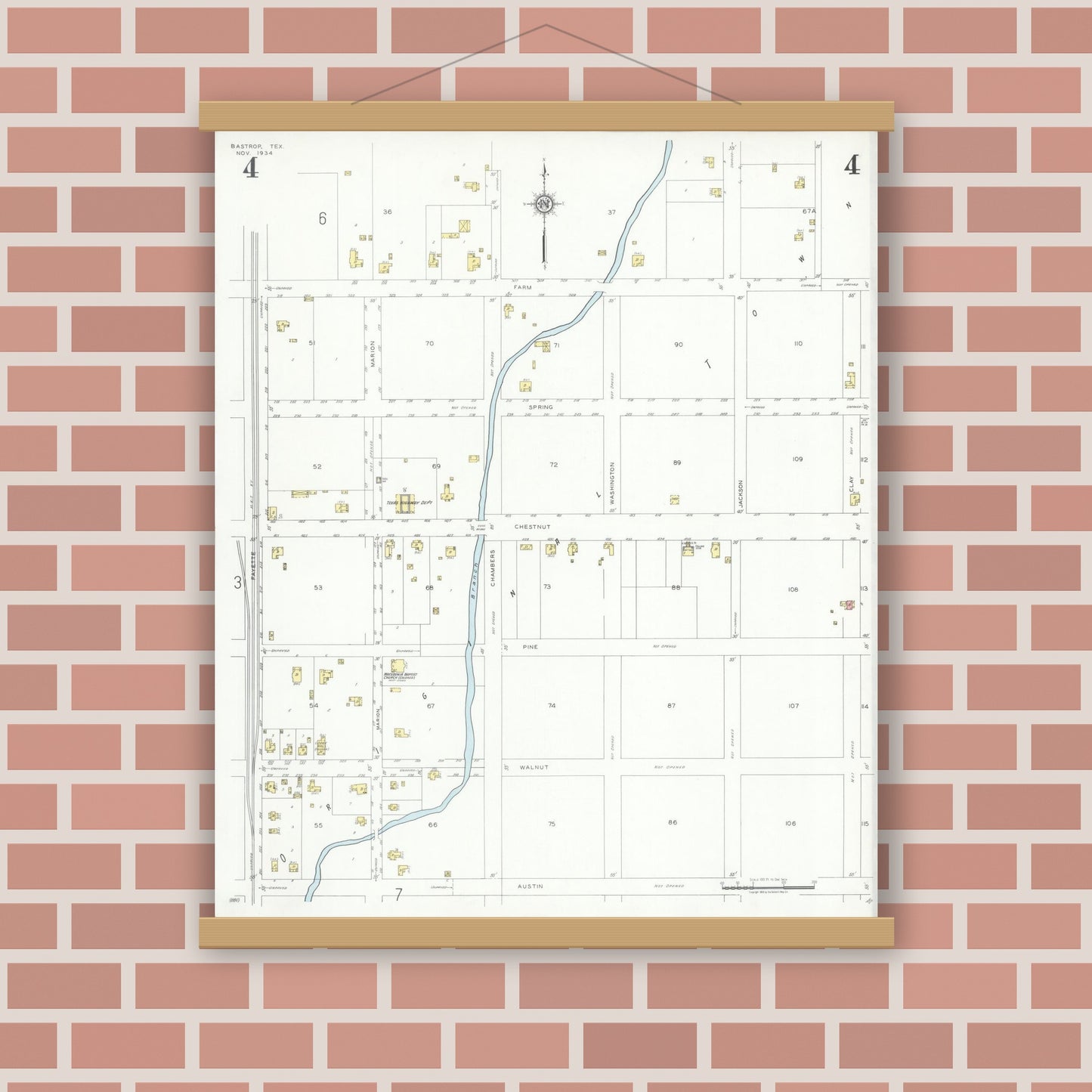 Old map wall art mockup — magnetic wood frame on brick wall — Sanborn Fire Insurance Map from Bastrop, Bastrop County, Texas (1934), Sheet #0004