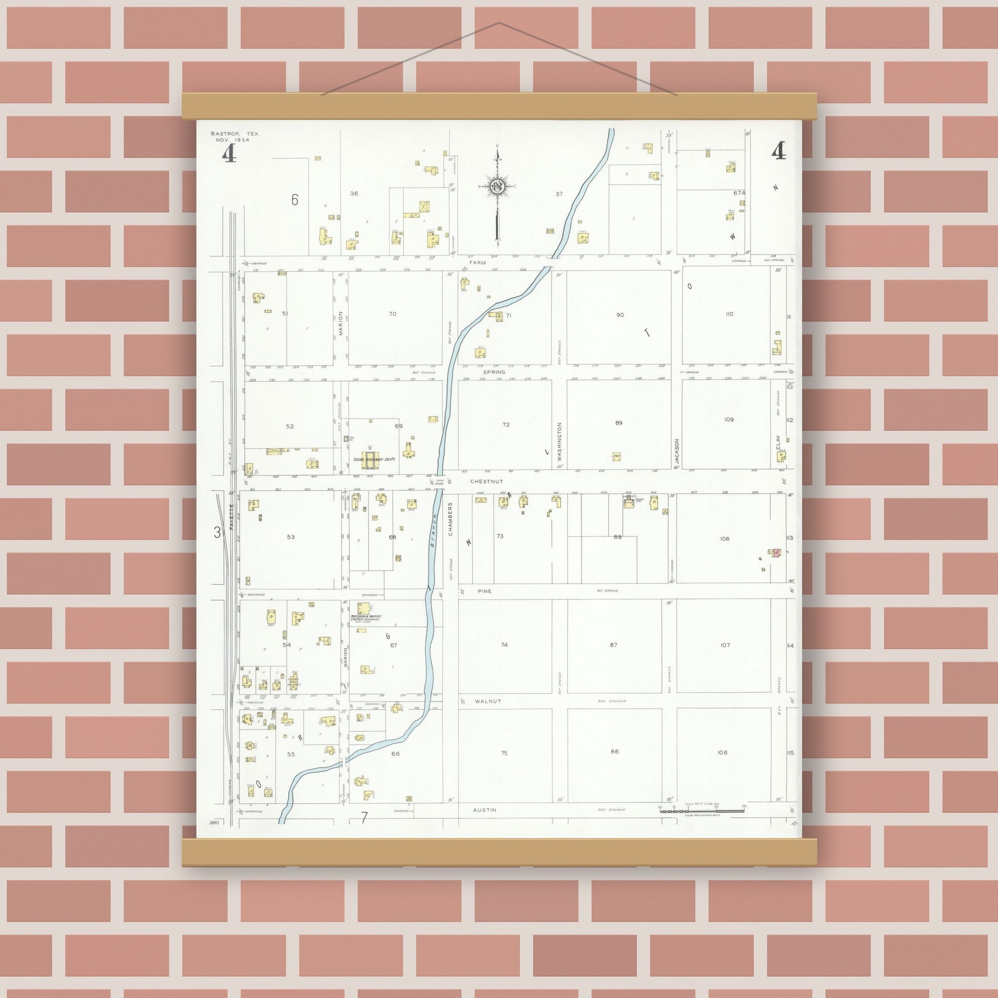Old map wall art mockup — magnetic wood frame on brick wall — Sanborn Fire Insurance Map from Bastrop, Bastrop County, Texas (1934), Sheet #0004
