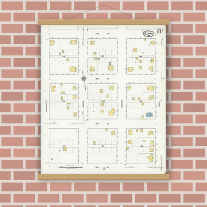 Old map wall art mockup — magnetic wood frame on brick wall — Sanborn Fire Insurance Map from Quanah, Hardeman County, Texas (1921), Sheet #0011