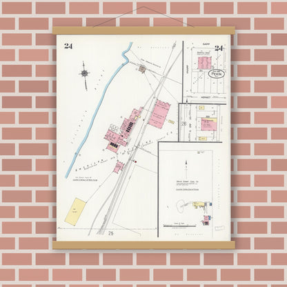 Old map wall art mockup — magnetic wood frame on brick wall — Sanborn Fire Insurance Map from Pekin, Tazewell County, Illinois (1925), Sheet #0024
