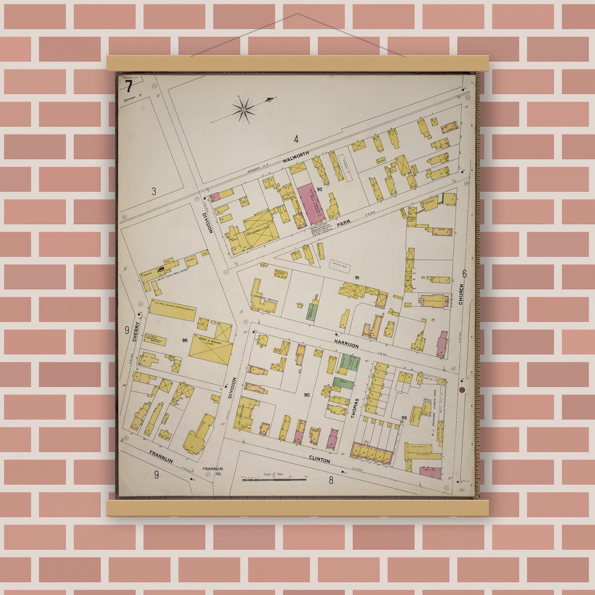 Old map wall art mockup — magnetic wood frame on brick wall — Sanborn Fire Insurance Map from Saratoga, Saratoga County, New York (1900), Sheet #0007