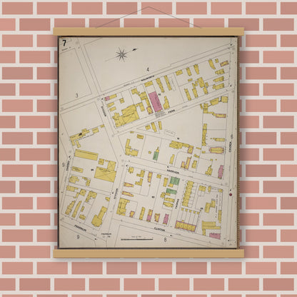 Old map wall art mockup — magnetic wood frame on brick wall — Sanborn Fire Insurance Map from Saratoga, Saratoga County, New York (1900), Sheet #0007