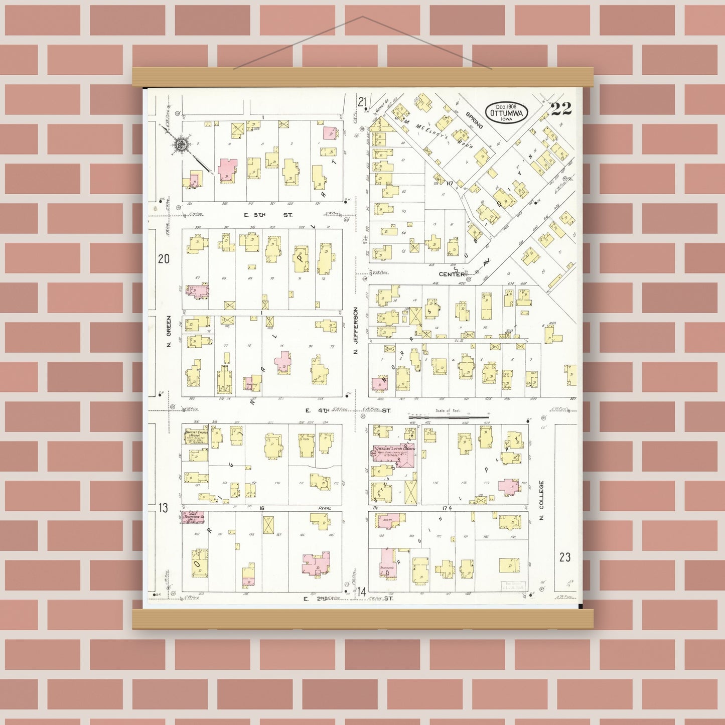 Old map wall art mockup — magnetic wood frame on brick wall — Sanborn Fire Insurance Map from Ottumwa, Wapello County, Iowa (1909), Sheet #0022