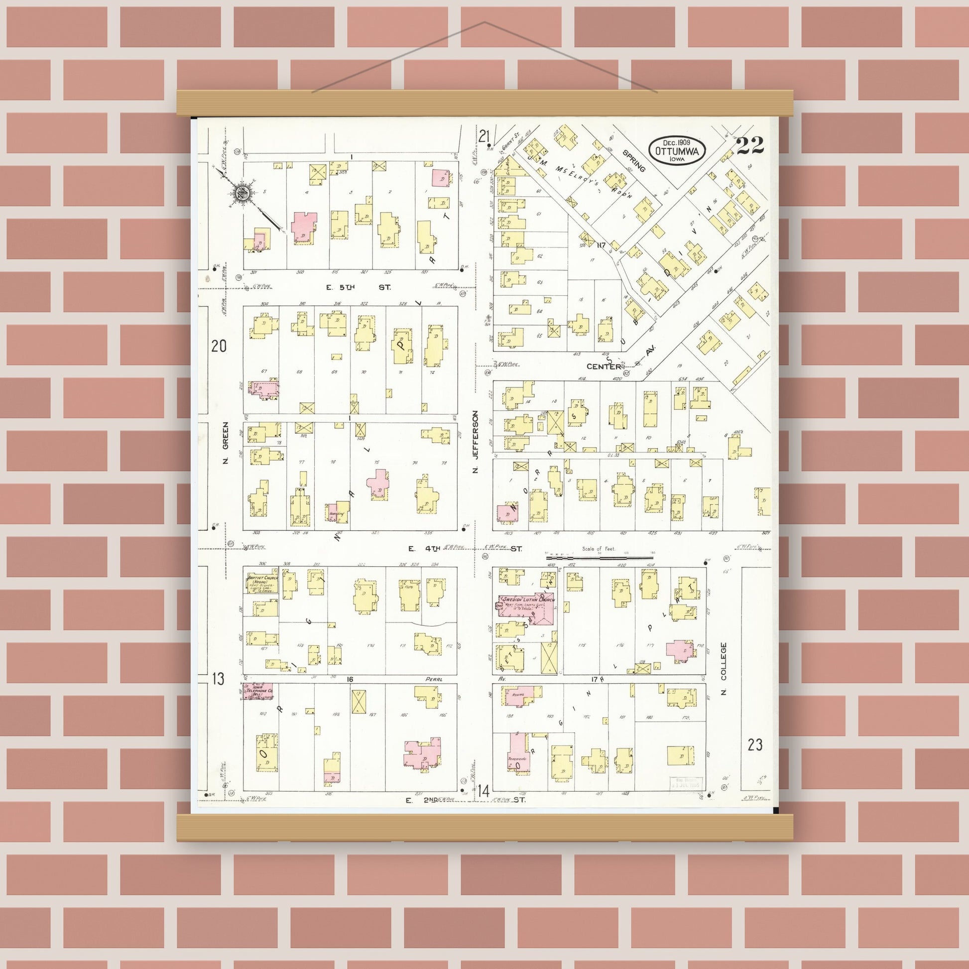 Old map wall art mockup — magnetic wood frame on brick wall — Sanborn Fire Insurance Map from Ottumwa, Wapello County, Iowa (1909), Sheet #0022