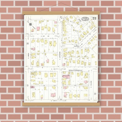 Old map wall art mockup — magnetic wood frame on brick wall — Sanborn Fire Insurance Map from Ottumwa, Wapello County, Iowa (1909), Sheet #0022