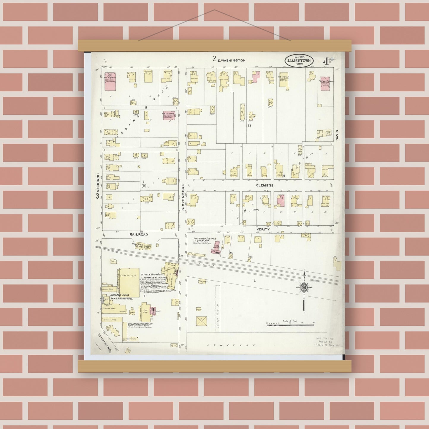 Old map wall art mockup — magnetic wood frame on brick wall — Sanborn Fire Insurance Map from Jamestown, Greene County, Ohio (1910), Sheet #0004
