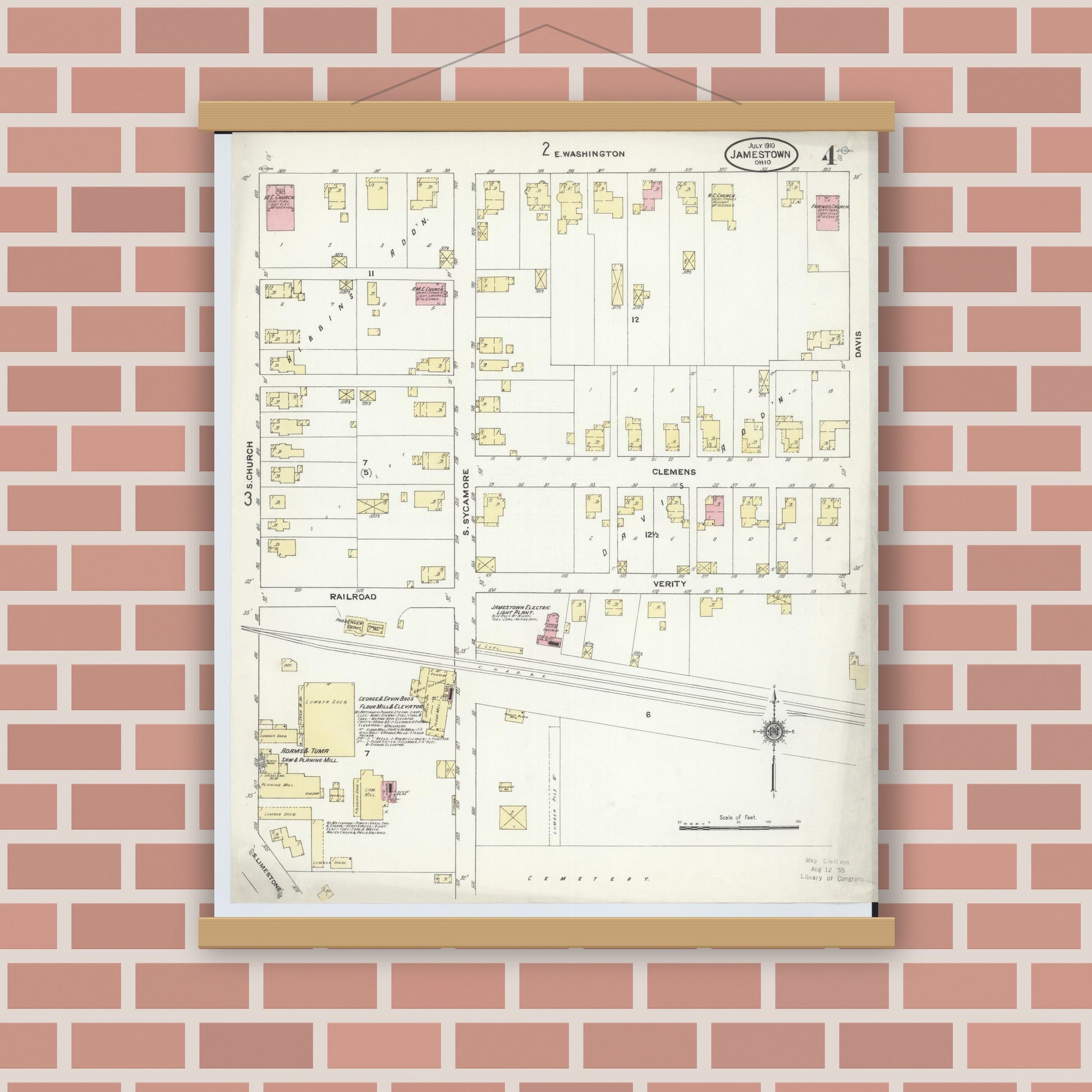 Old map wall art mockup — magnetic wood frame on brick wall — Sanborn Fire Insurance Map from Jamestown, Greene County, Ohio (1910), Sheet #0004