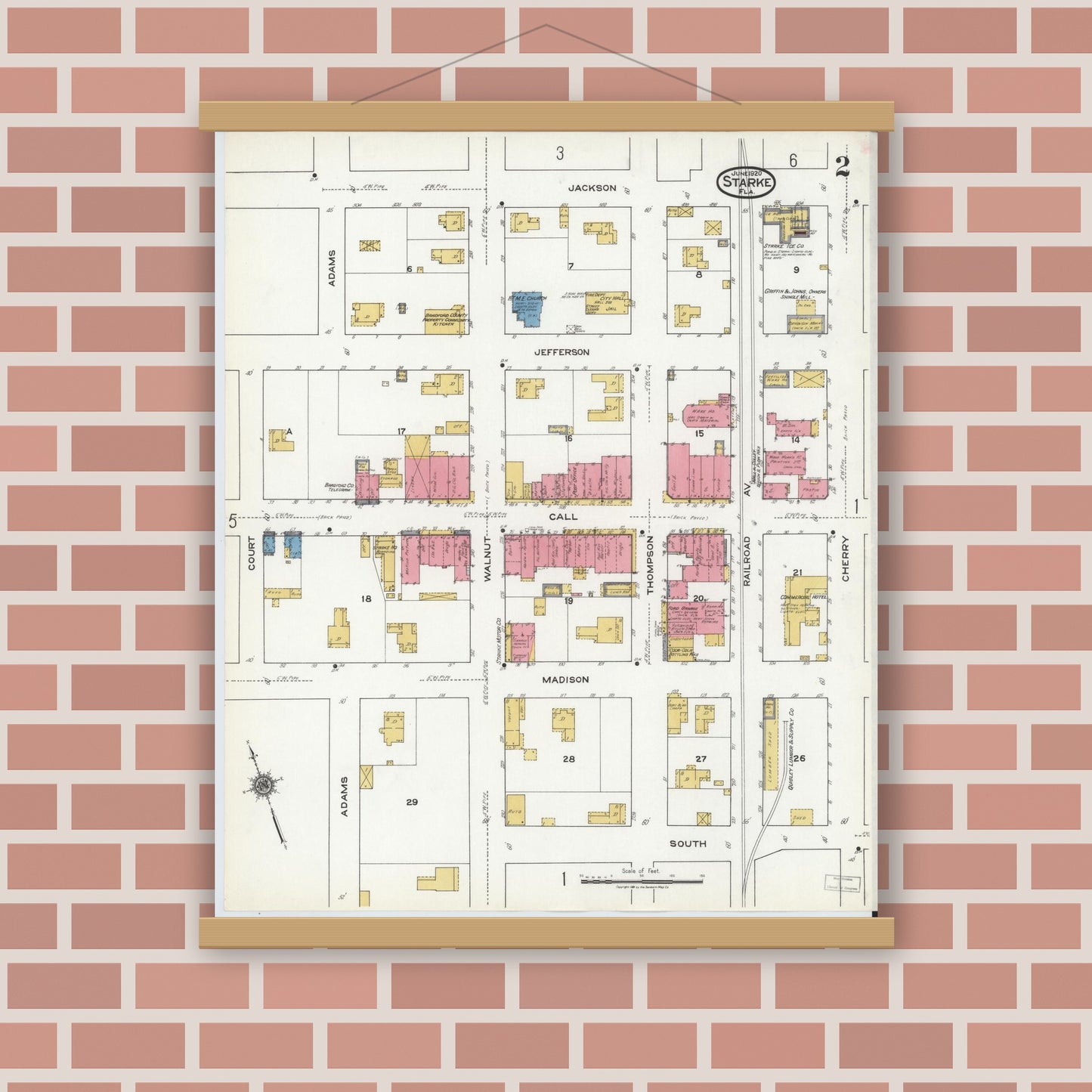 Old map wall art mockup — magnetic wood frame on brick wall — Sanborn Fire Insurance Map from Starke, Bradford County, Florida (1920), Sheet #0002