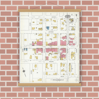 Old map wall art mockup — magnetic wood frame on brick wall — Sanborn Fire Insurance Map from Starke, Bradford County, Florida (1920), Sheet #0002
