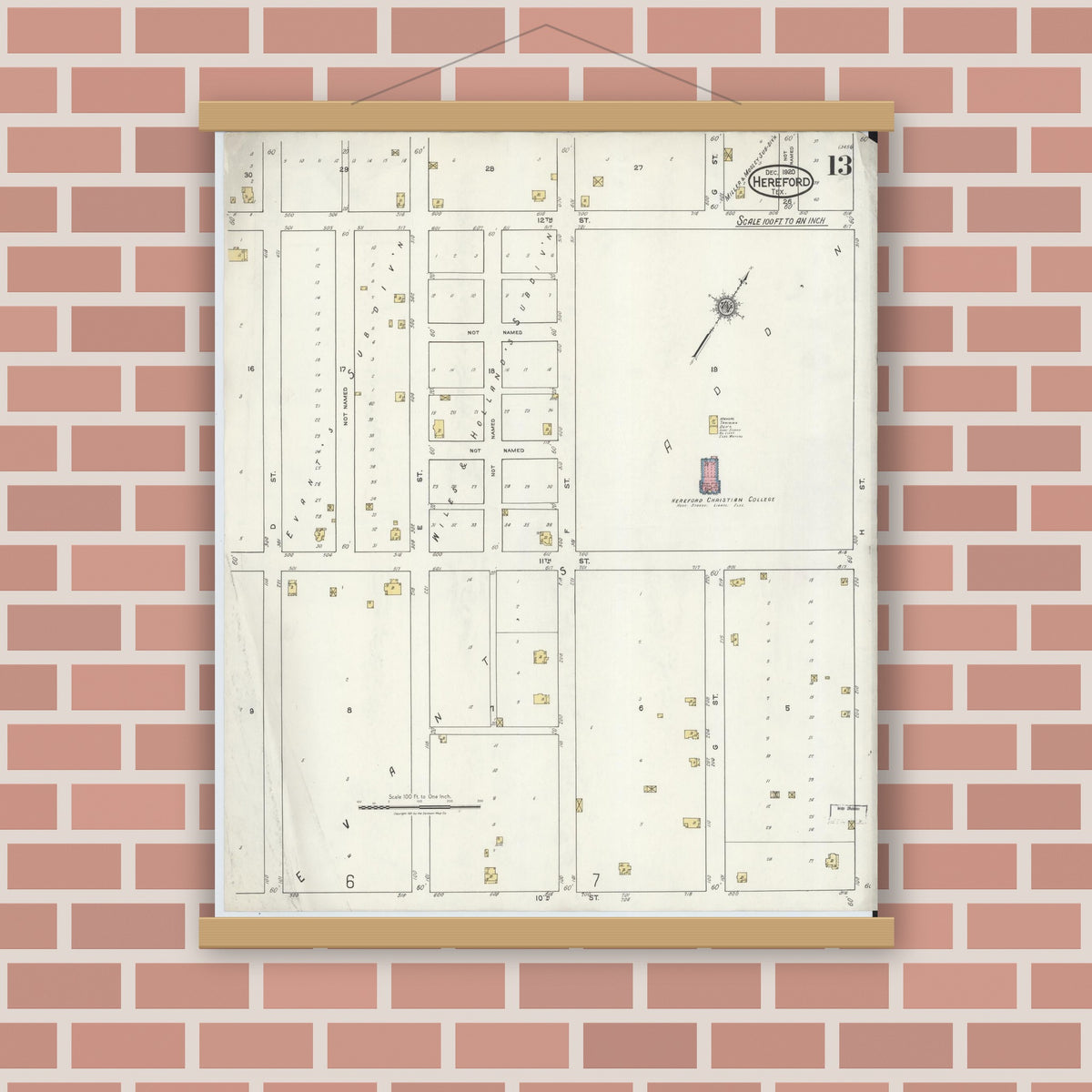 Old map wall art mockup — magnetic wood frame on brick wall — Sanborn Fire Insurance Map from Hereford, Deaf Smith County, Texas (1920), Sheet #0013