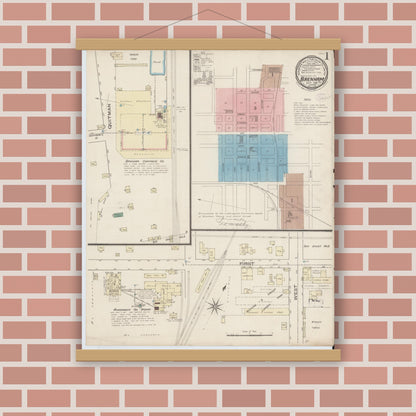 Old map wall art mockup — magnetic wood frame on brick wall — Sanborn Fire Insurance Map from Brenham, Washington County, Texas (1885), Sheet #0001