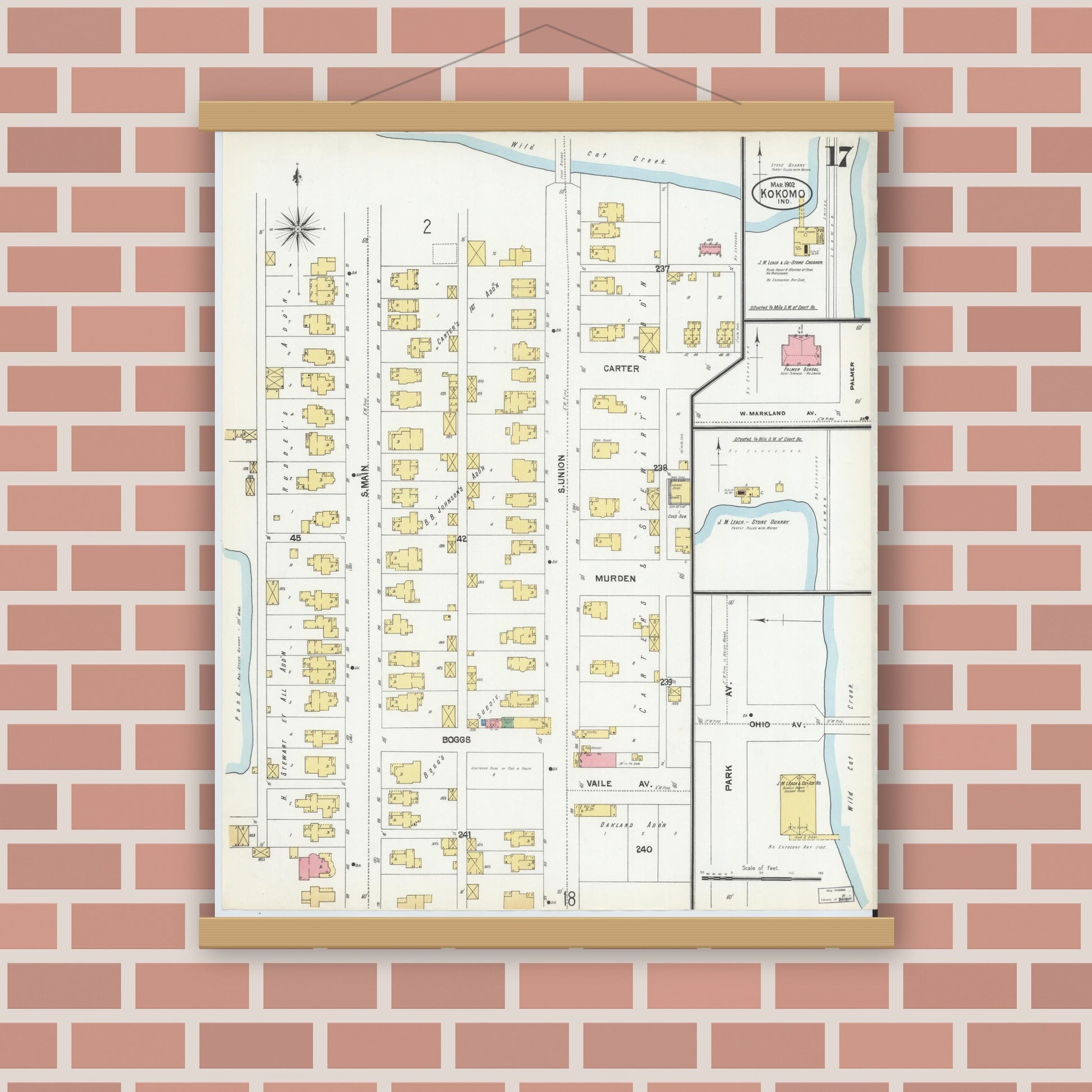 Old map wall art mockup — magnetic wood frame on brick wall — Sanborn Fire Insurance Map from Kokomo, Howard County, Indiana (1902), Sheet #0017