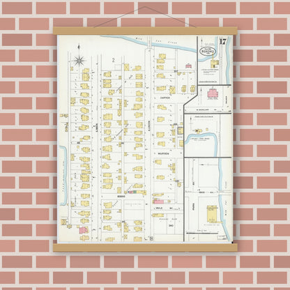 Old map wall art mockup — magnetic wood frame on brick wall — Sanborn Fire Insurance Map from Kokomo, Howard County, Indiana (1902), Sheet #0017