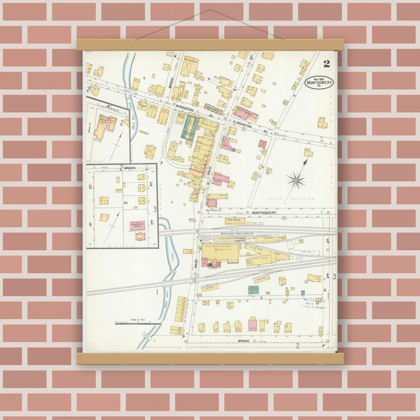 Old map wall art mockup — magnetic wood frame on brick wall — Sanborn Fire Insurance Map from Montgomery, Lycoming County, Pennsylvania (1906), Sheet #0002