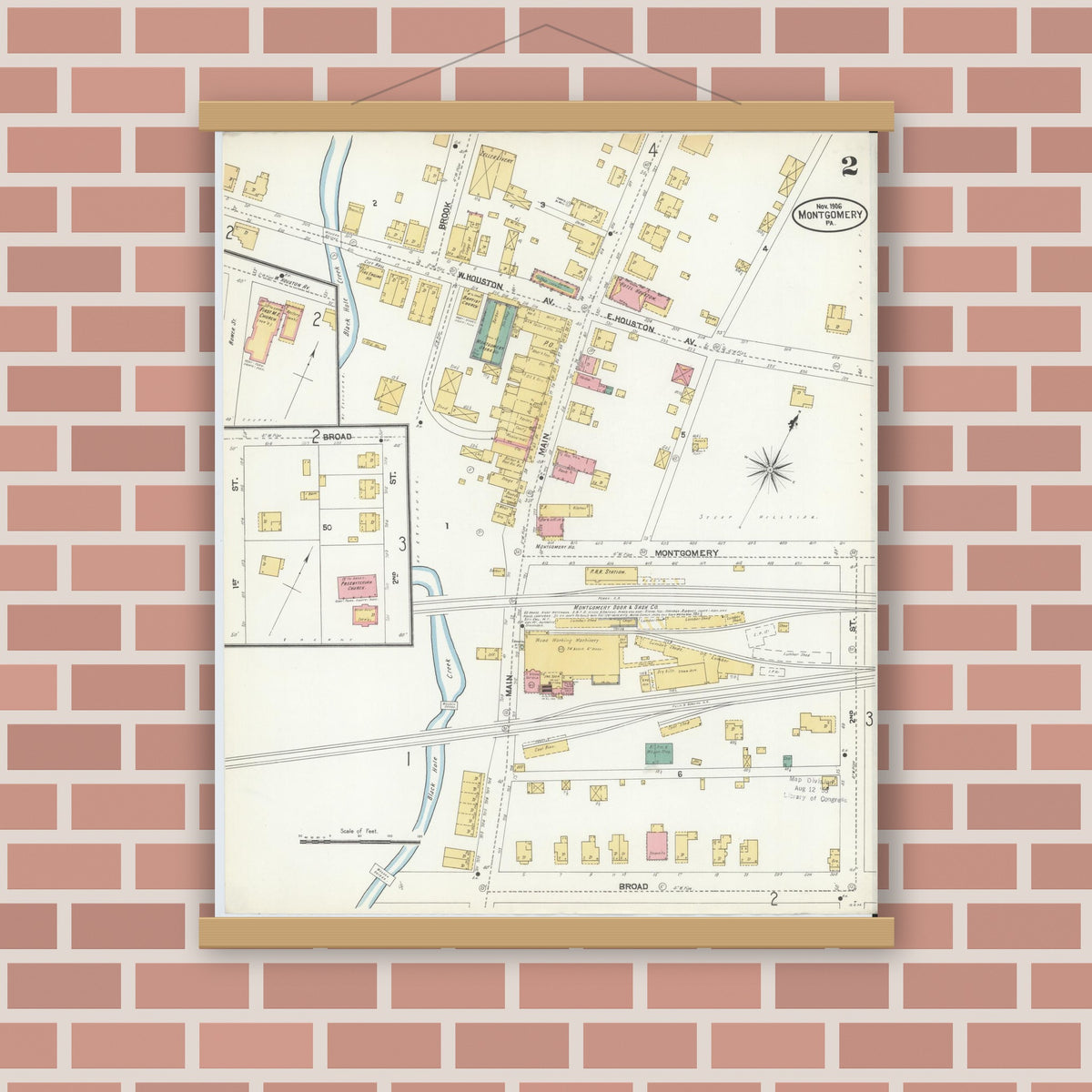 Old map wall art mockup — magnetic wood frame on brick wall — Sanborn Fire Insurance Map from Montgomery, Lycoming County, Pennsylvania (1906), Sheet #0002
