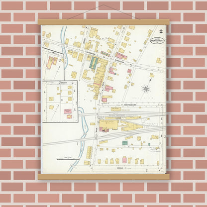 Old map wall art mockup — magnetic wood frame on brick wall — Sanborn Fire Insurance Map from Montgomery, Lycoming County, Pennsylvania (1906), Sheet #0002