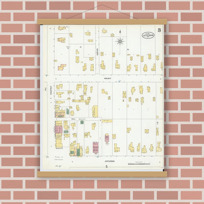 Old map wall art mockup — magnetic wood frame on brick wall — Sanborn Fire Insurance Map from Jefferson, Ashtabula County, Ohio (1902), Sheet #0003