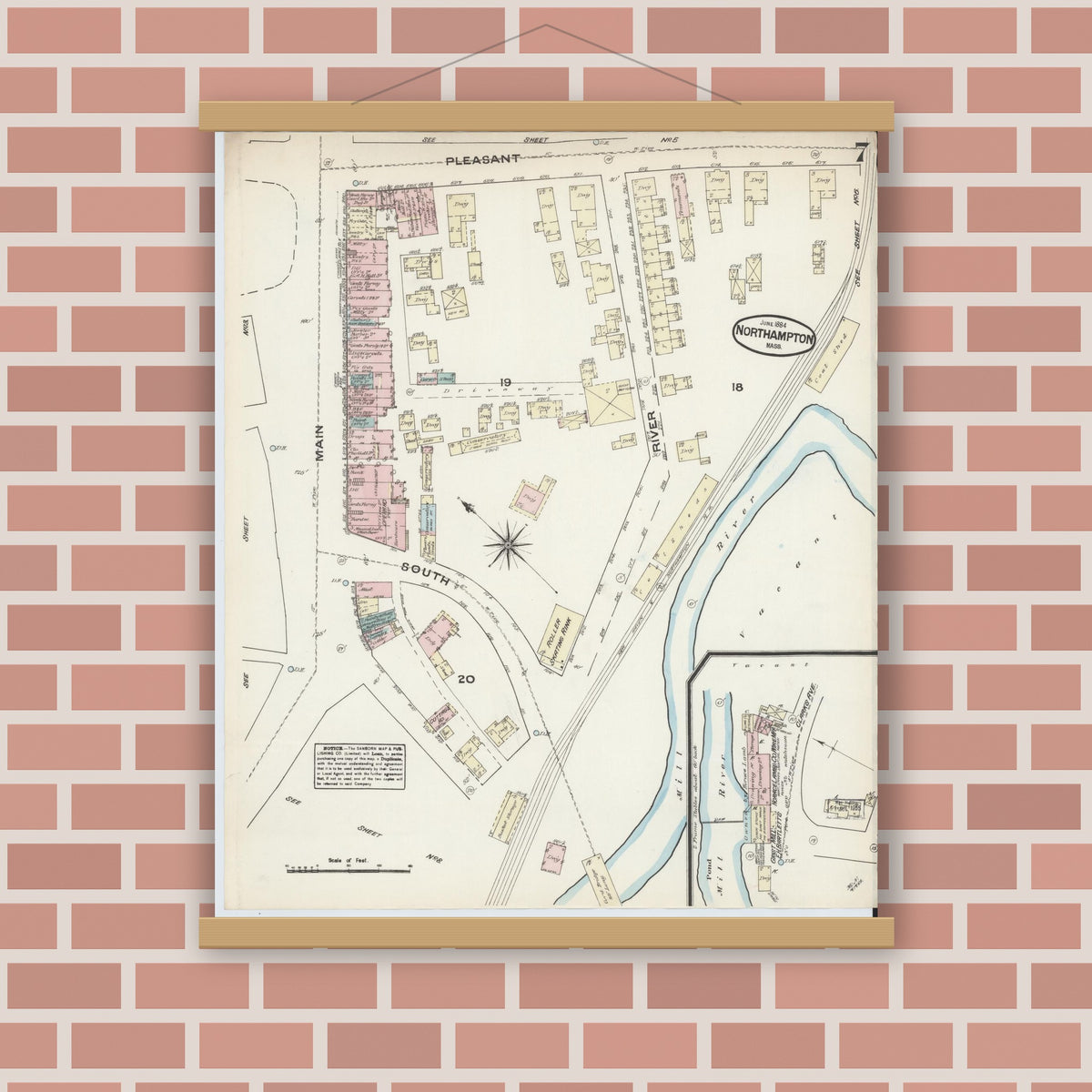 Old map wall art mockup — magnetic wood frame on brick wall — Sanborn Fire Insurance Map from Northampton, Hampshire County, Massachusetts (1884), Sheet #0007
