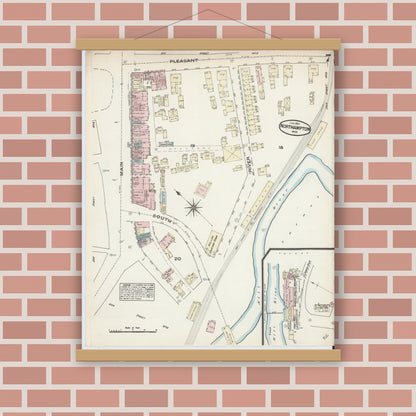 Old map wall art mockup — magnetic wood frame on brick wall — Sanborn Fire Insurance Map from Northampton, Hampshire County, Massachusetts (1884), Sheet #0007