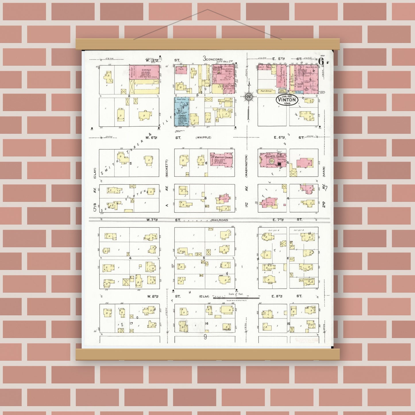 Old map wall art mockup — magnetic wood frame on brick wall — Sanborn Fire Insurance Map from Vinton, Benton County, Iowa (1921), Sheet #0006