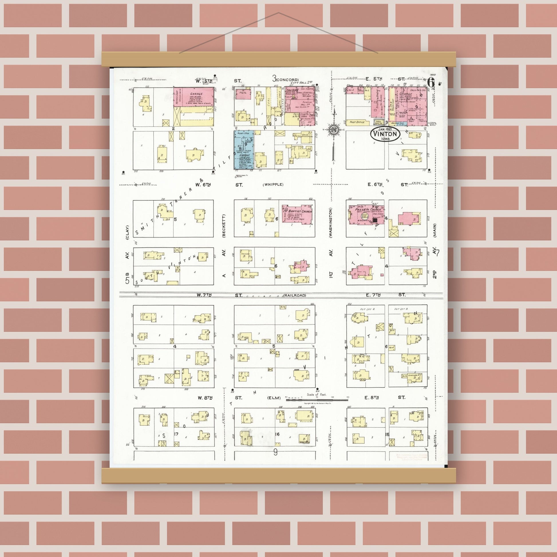 Old map wall art mockup — magnetic wood frame on brick wall — Sanborn Fire Insurance Map from Vinton, Benton County, Iowa (1921), Sheet #0006