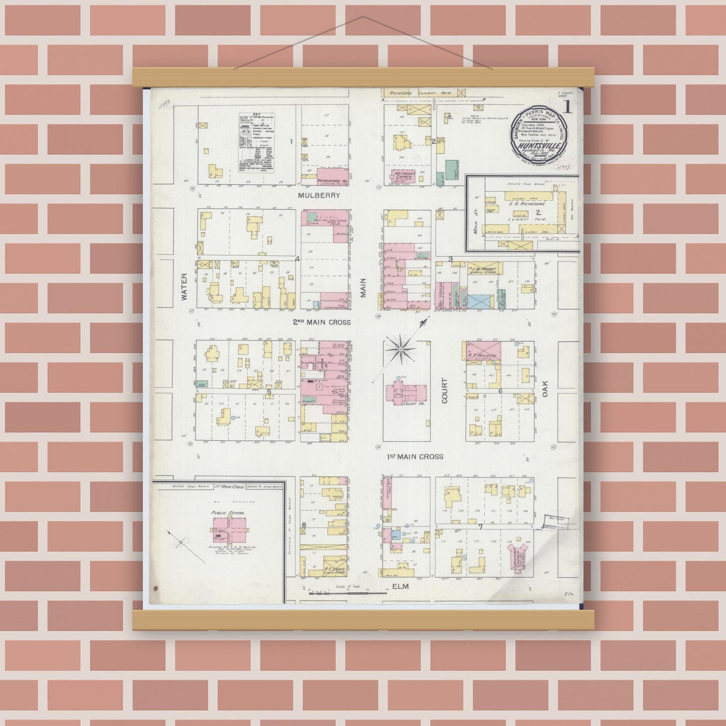 Old map wall art mockup — magnetic wood frame on brick wall — Sanborn Fire Insurance Map from Huntsville, Randolph County, Missouri (1893) - Complete Map Set