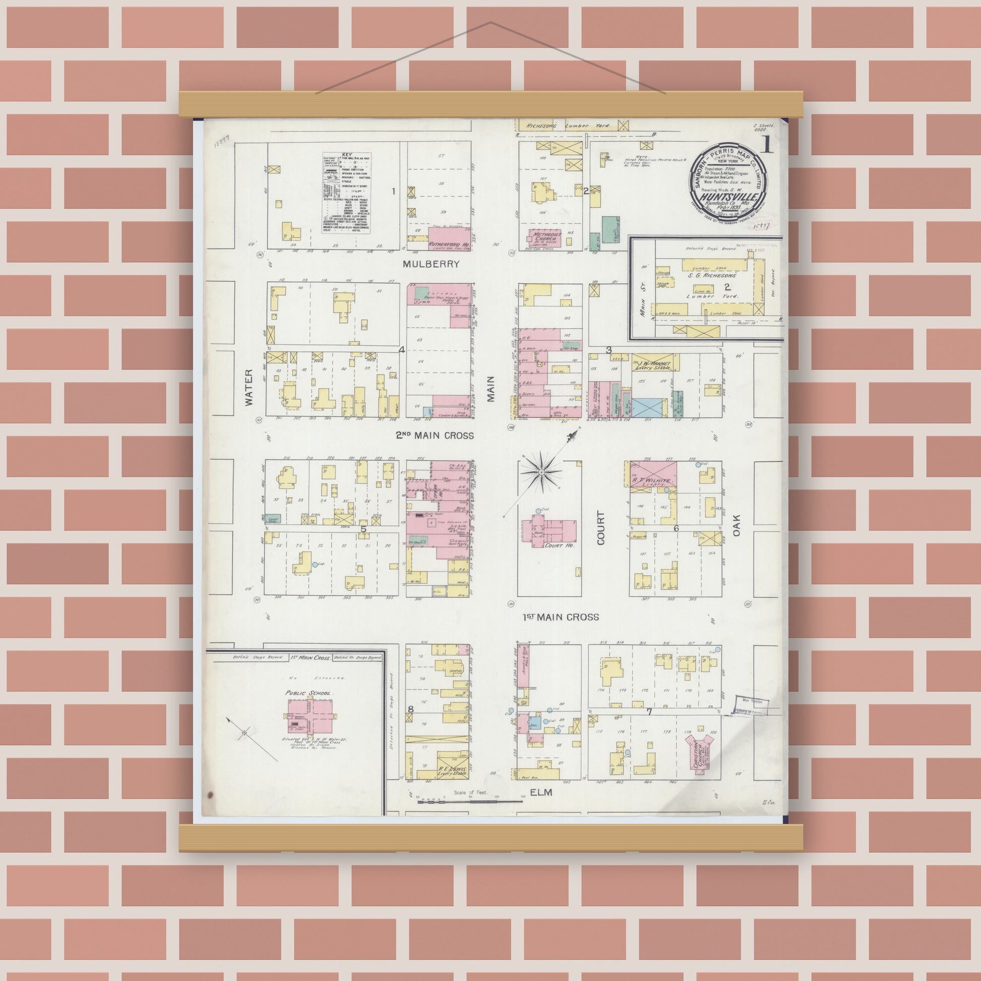 Old map wall art mockup — magnetic wood frame on brick wall — Sanborn Fire Insurance Map from Huntsville, Randolph County, Missouri (1893) - Complete Map Set