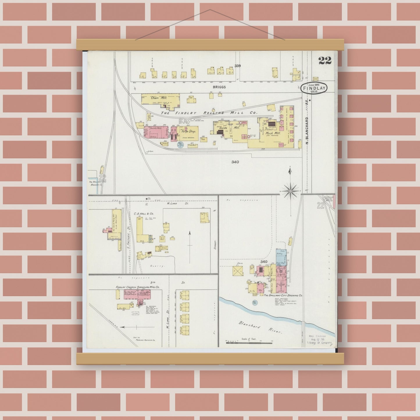 Old map wall art mockup — magnetic wood frame on brick wall — Sanborn Fire Insurance Map from Findlay, Hancock County, Ohio (1895), Sheet #0022