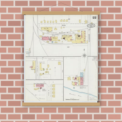Old map wall art mockup — magnetic wood frame on brick wall — Sanborn Fire Insurance Map from Findlay, Hancock County, Ohio (1895), Sheet #0022