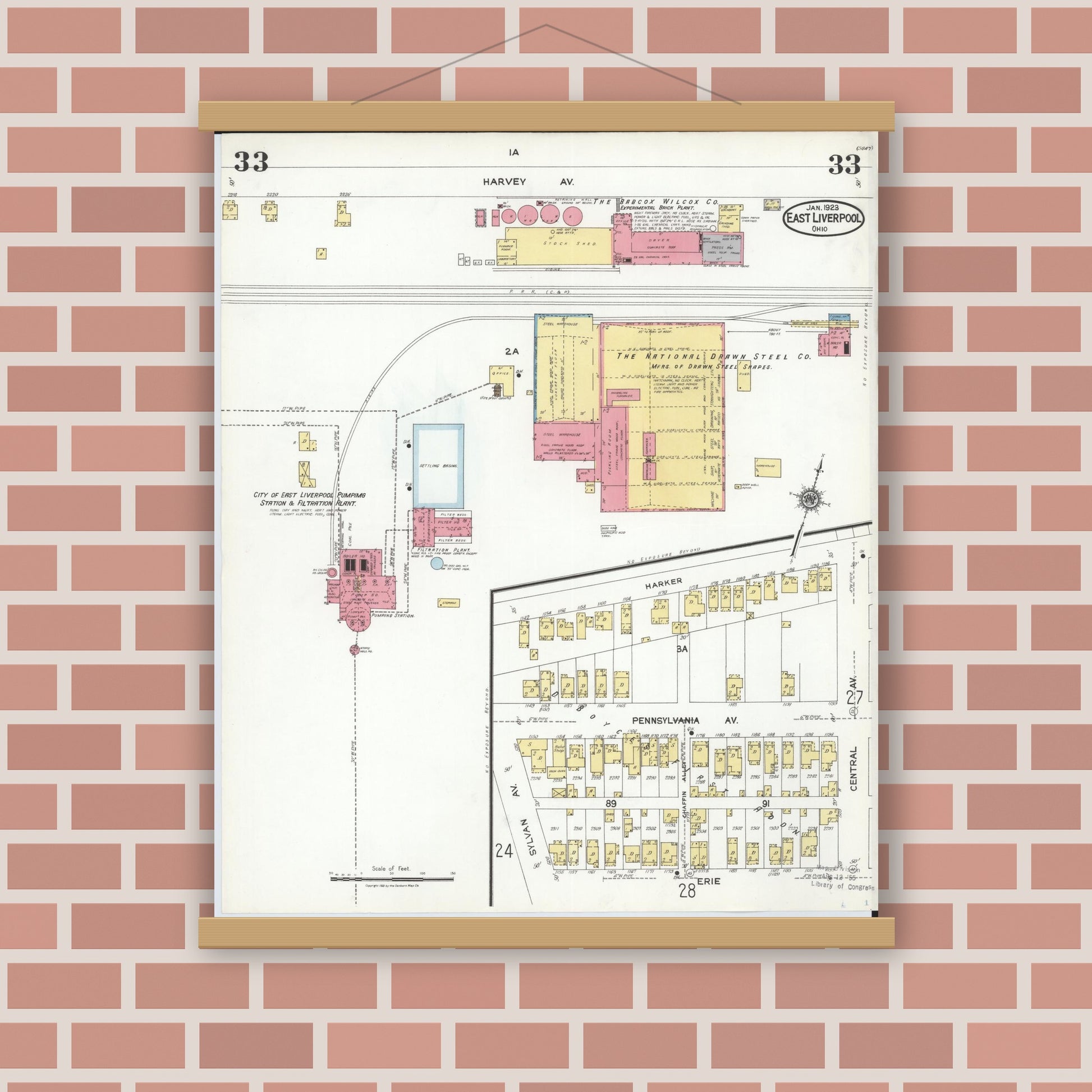 Old map wall art mockup — magnetic wood frame on brick wall — Sanborn Fire Insurance Map from East Liverpool, Columbiana County, Ohio (1923), Sheet #0033