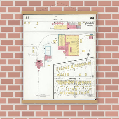 Old map wall art mockup — magnetic wood frame on brick wall — Sanborn Fire Insurance Map from East Liverpool, Columbiana County, Ohio (1923), Sheet #0033