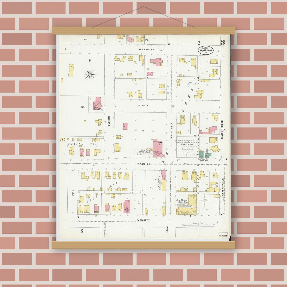 Old map wall art mockup — magnetic wood frame on brick wall — Sanborn Fire Insurance Map from Warsaw, Kosciusko County, Indiana (1899), Sheet #0003