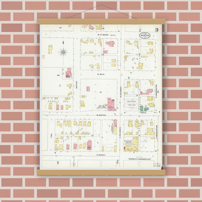 Old map wall art mockup — magnetic wood frame on brick wall — Sanborn Fire Insurance Map from Warsaw, Kosciusko County, Indiana (1899), Sheet #0003