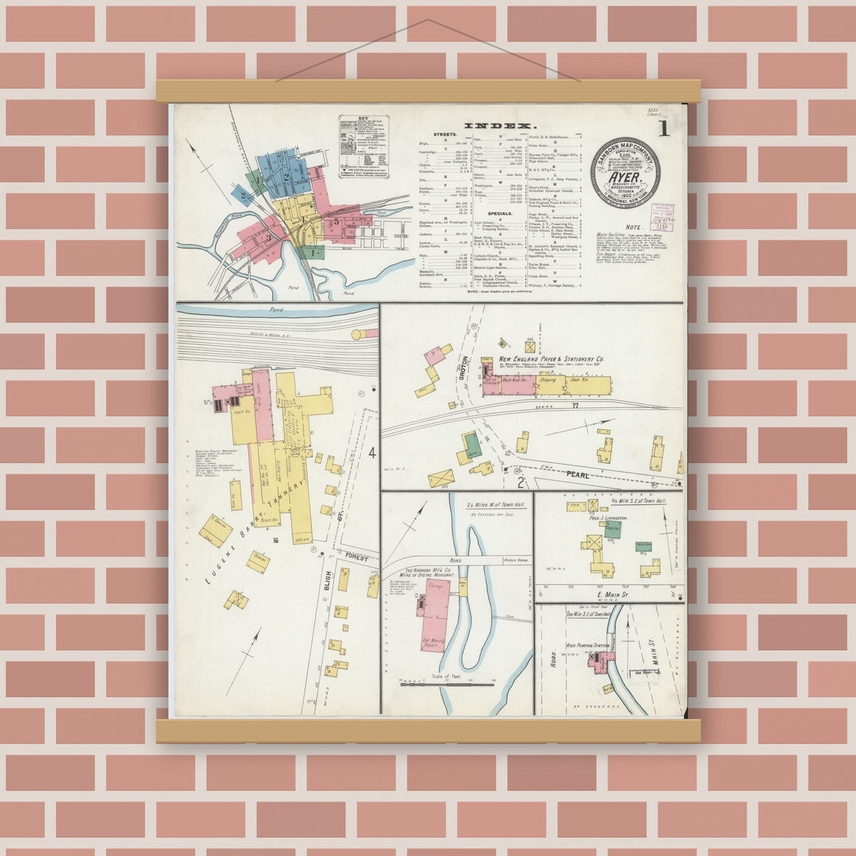 Old map wall art mockup — magnetic wood frame on brick wall — Sanborn Fire Insurance Map from Ayer, Middlesex County, Massachusetts (1902) - Complete Map Set