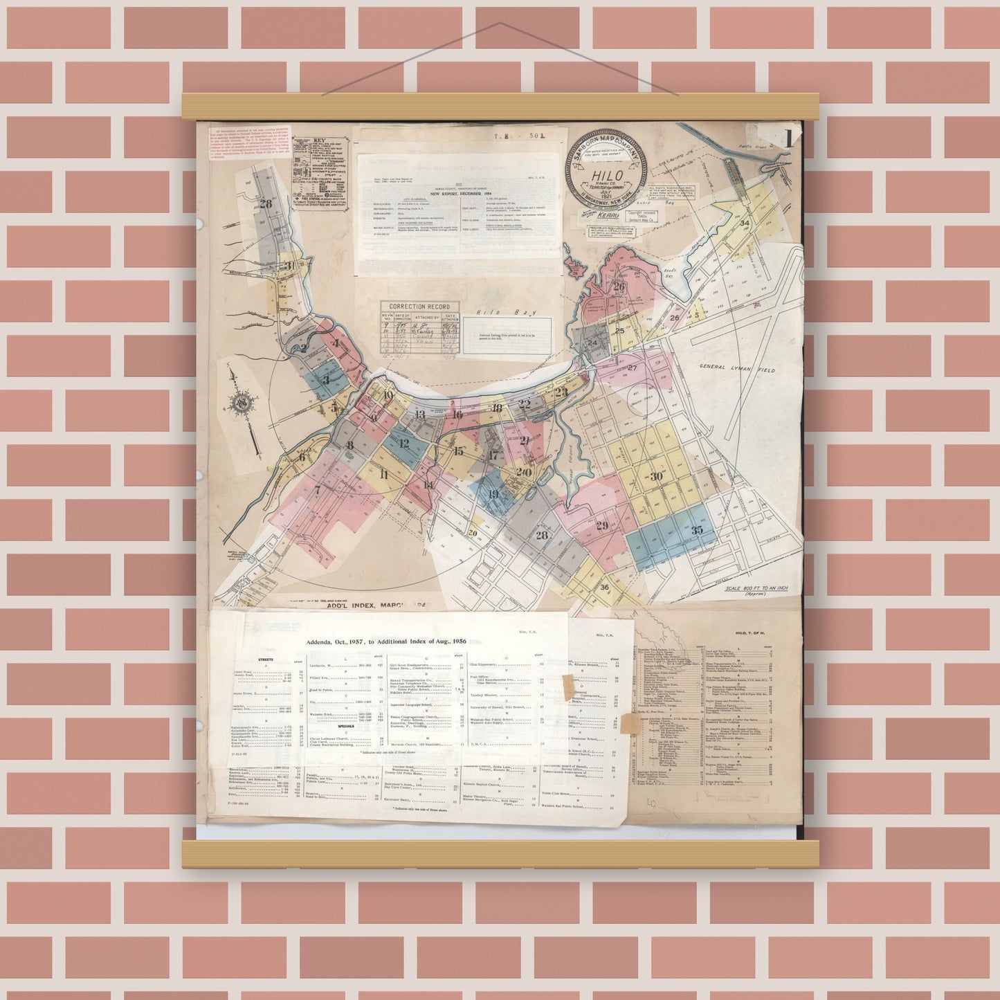 Old map wall art mockup — magnetic wood frame on brick wall — Sanborn Fire Insurance Map from Hilo, Hawaii County, Hawaii (1957) — Complete Set