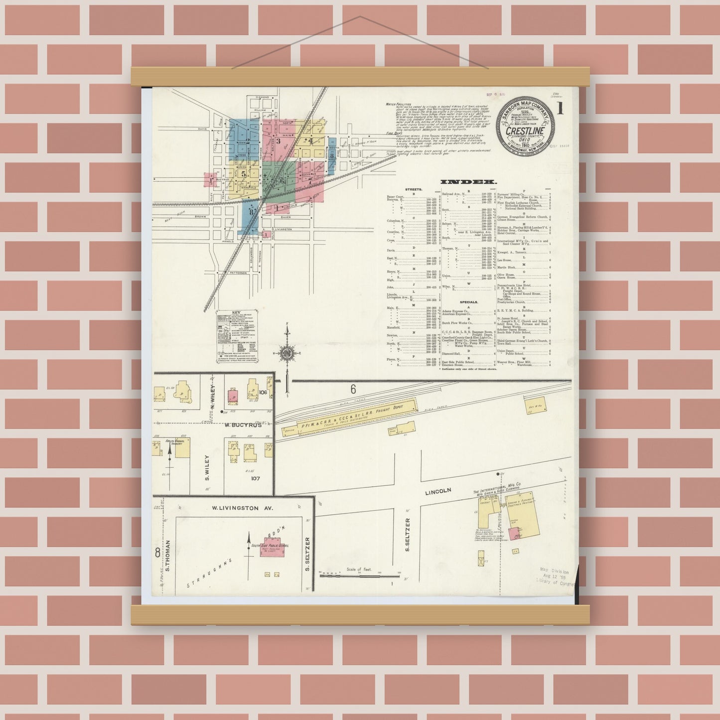Old map wall art mockup — magnetic wood frame on brick wall — Sanborn Fire Insurance Map from Crestline, Crawford County, Ohio (1910) - Complete Map Set