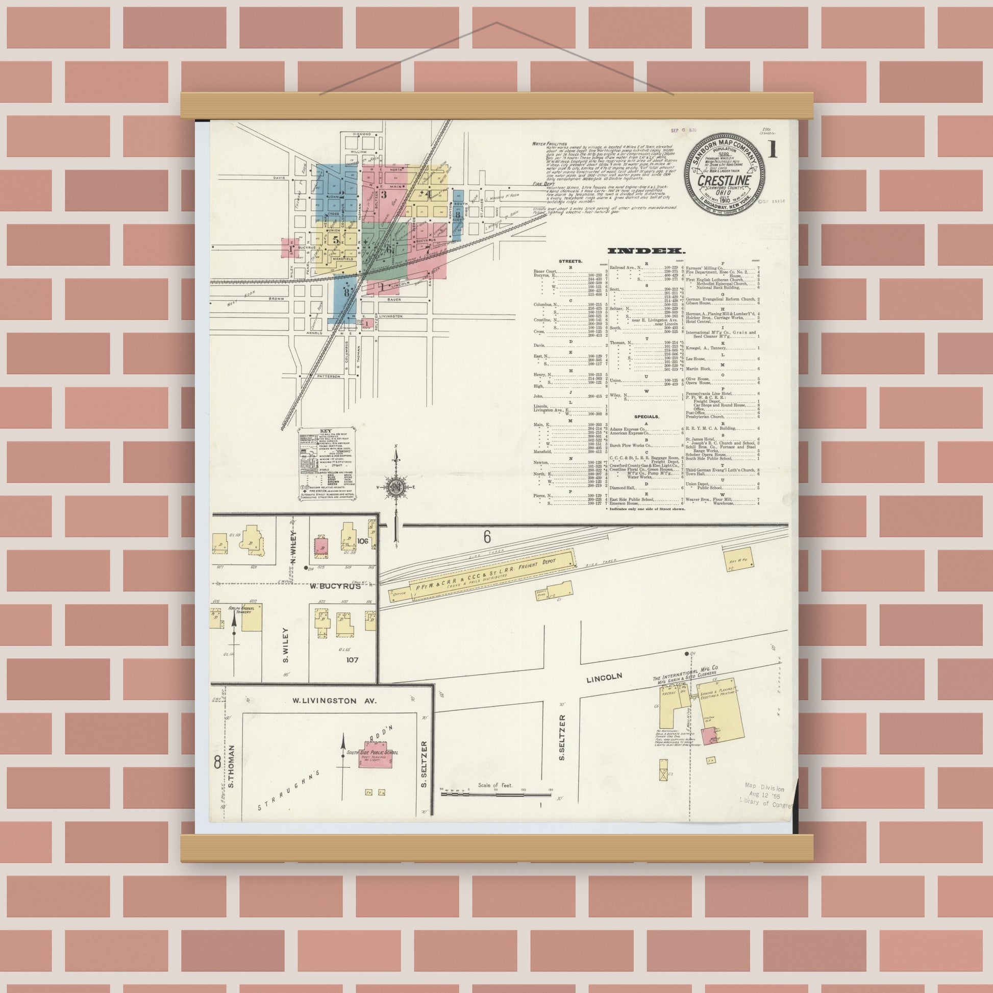 Old map wall art mockup — magnetic wood frame on brick wall — Sanborn Fire Insurance Map from Crestline, Crawford County, Ohio (1910) - Complete Map Set