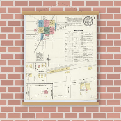 Old map wall art mockup — magnetic wood frame on brick wall — Sanborn Fire Insurance Map from Crestline, Crawford County, Ohio (1910) - Complete Map Set