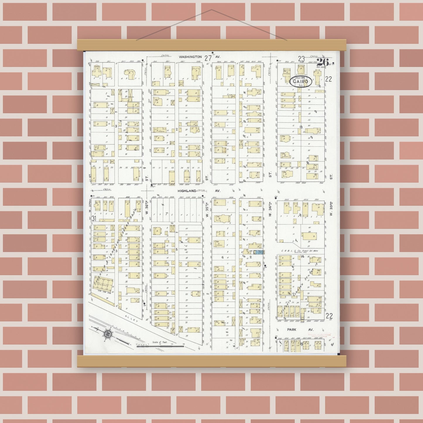 Old map wall art mockup — magnetic wood frame on brick wall — Sanborn Fire Insurance Map from Cairo, Alexander County, Illinois (1914), Sheet #0026