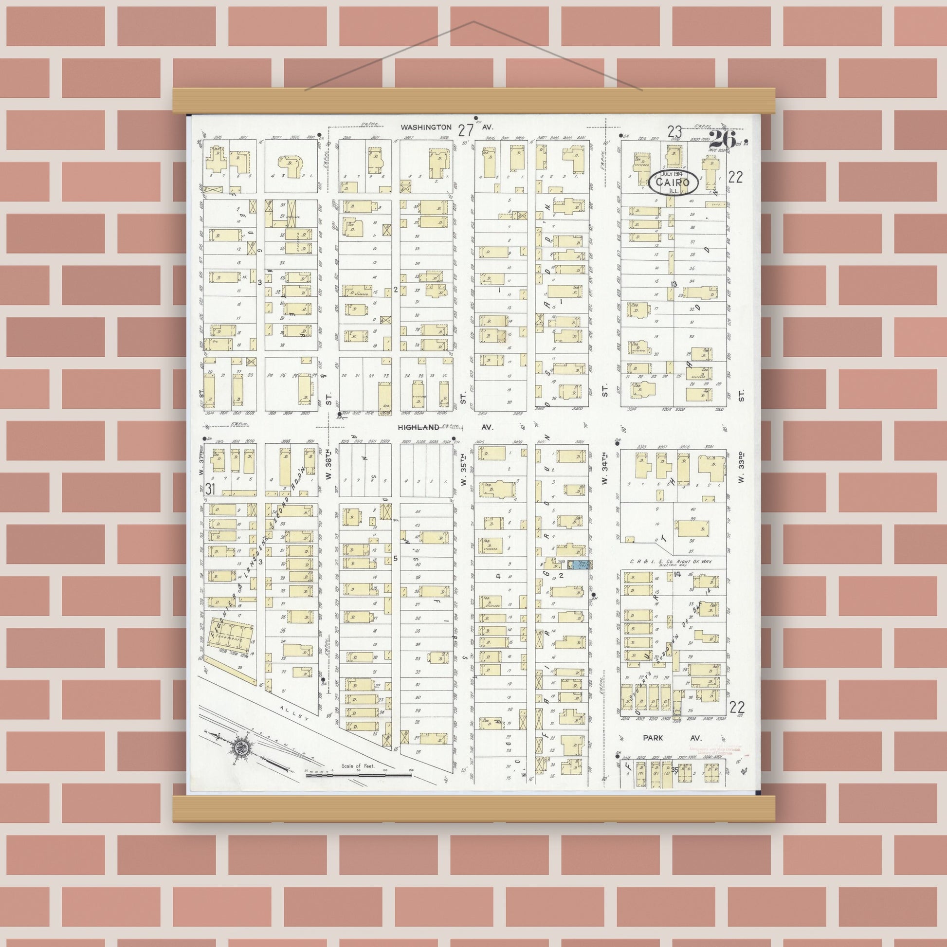 Old map wall art mockup — magnetic wood frame on brick wall — Sanborn Fire Insurance Map from Cairo, Alexander County, Illinois (1914), Sheet #0026