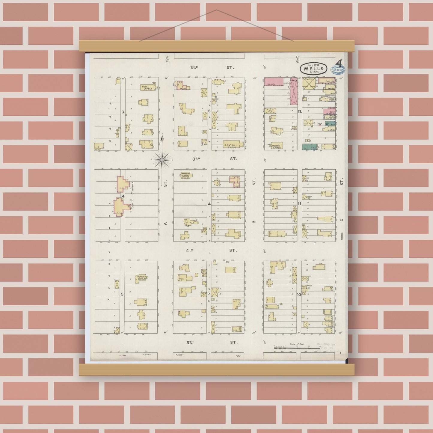 Old map wall art mockup — magnetic wood frame on brick wall — Sanborn Fire Insurance Map from Wells, Faribault County, Minnesota (1894), Sheet #0004
