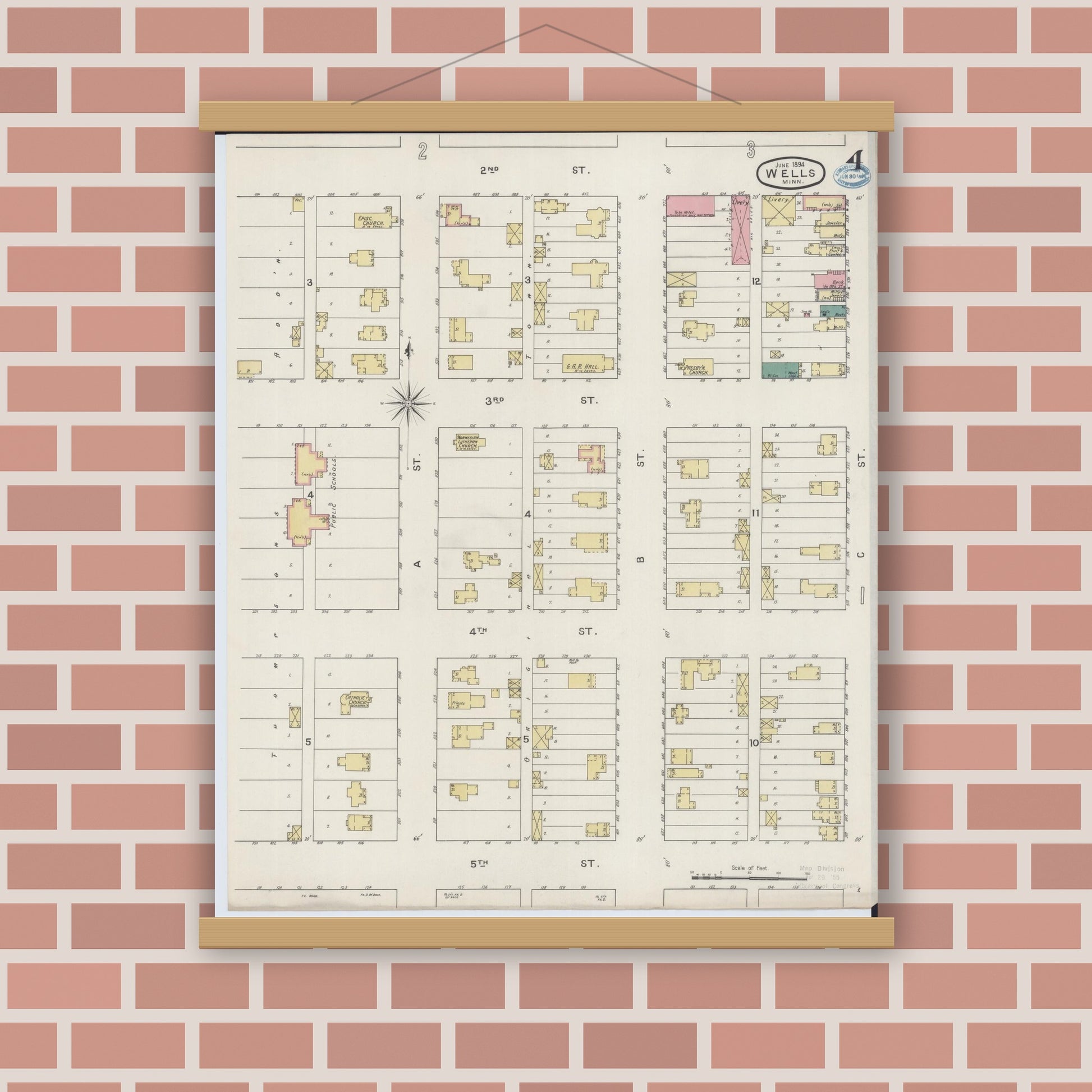 Old map wall art mockup — magnetic wood frame on brick wall — Sanborn Fire Insurance Map from Wells, Faribault County, Minnesota (1894), Sheet #0004