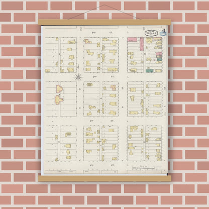 Old map wall art mockup — magnetic wood frame on brick wall — Sanborn Fire Insurance Map from Wells, Faribault County, Minnesota (1894), Sheet #0004