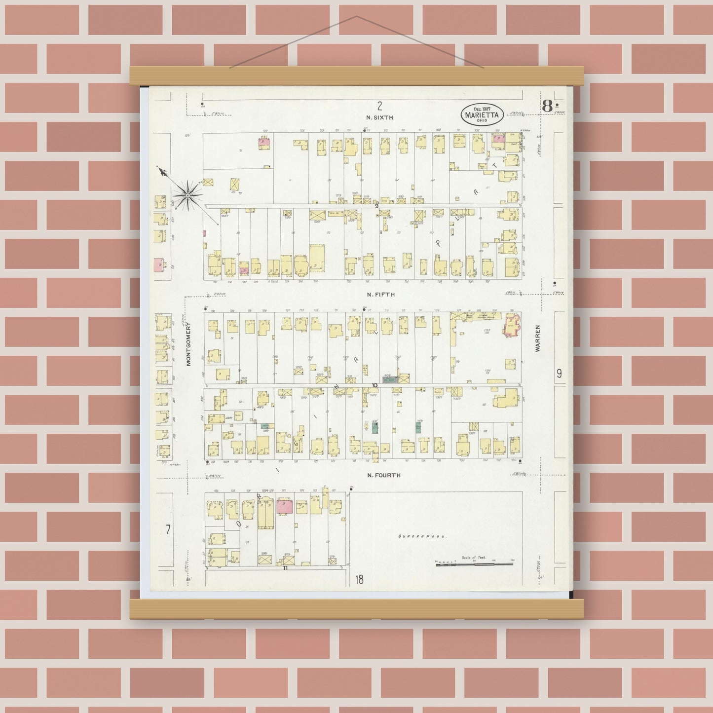 Old map wall art mockup — magnetic wood frame on brick wall — Sanborn Fire Insurance Map from Marietta, Washington County, Ohio (1907), Sheet #0008