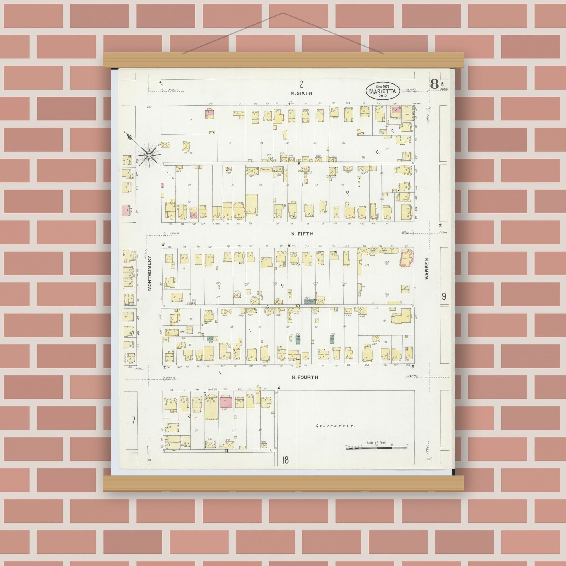 Old map wall art mockup — magnetic wood frame on brick wall — Sanborn Fire Insurance Map from Marietta, Washington County, Ohio (1907), Sheet #0008