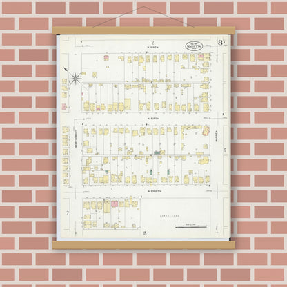 Old map wall art mockup — magnetic wood frame on brick wall — Sanborn Fire Insurance Map from Marietta, Washington County, Ohio (1907), Sheet #0008